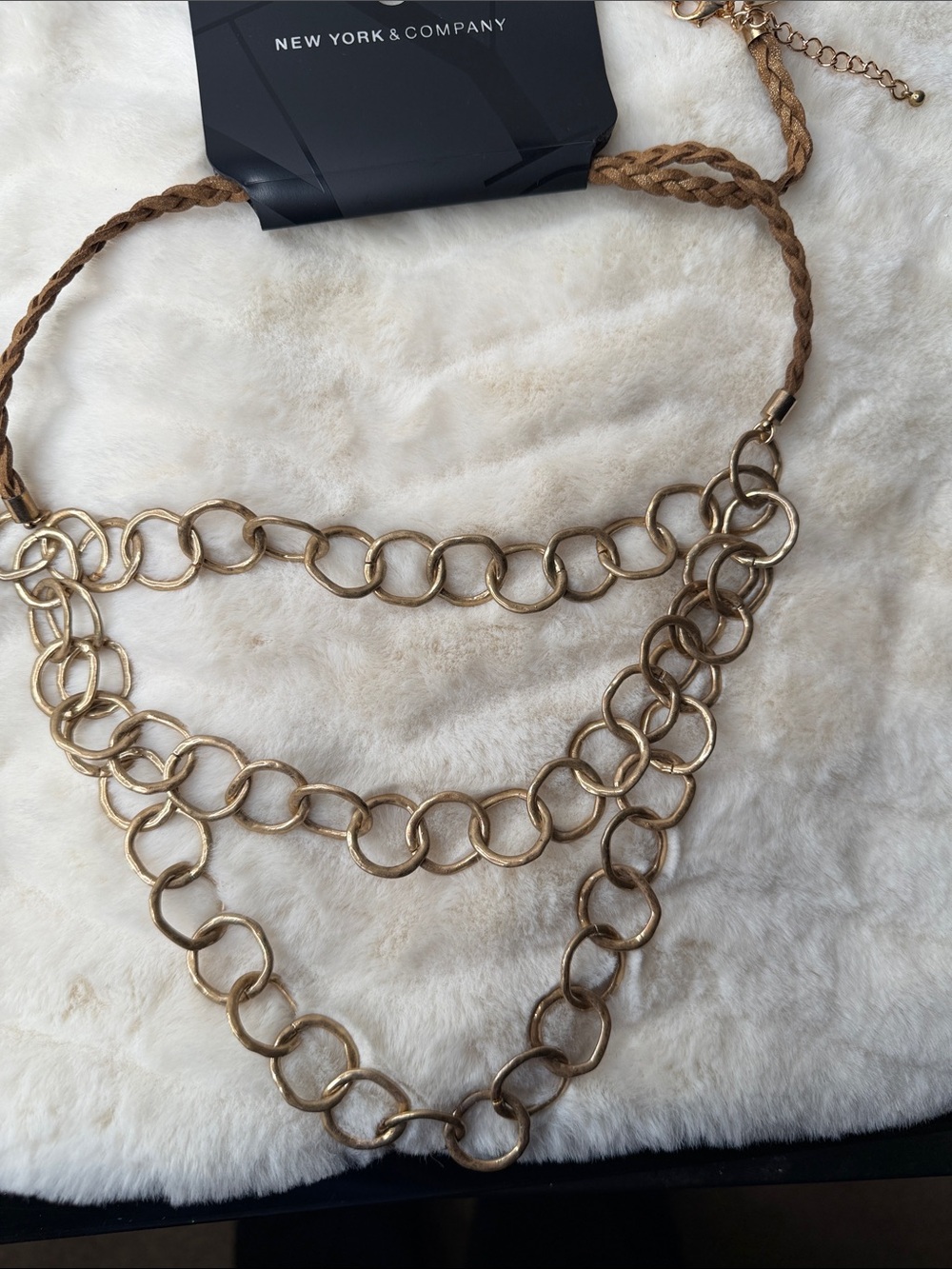 New York & Company Triple-Strand Gold Link Necklace with Braided Cord